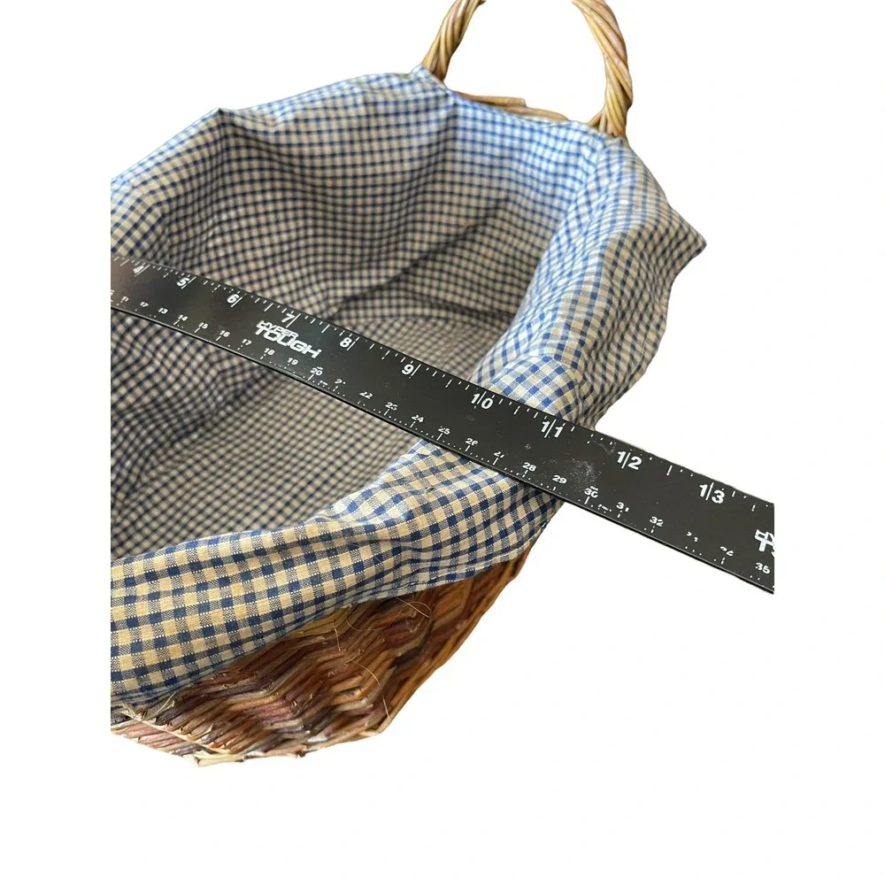 Vintage Wicker‎ Basket w/ Blue Gingham Liner Farmhouse Country Decor